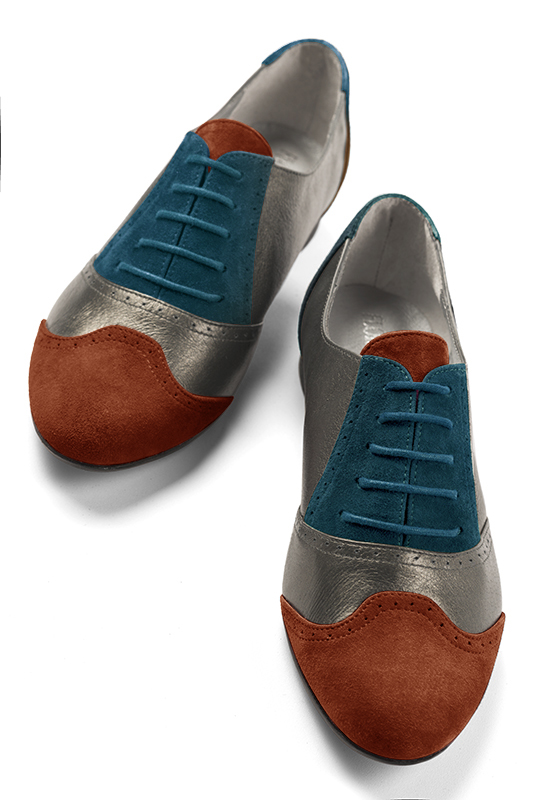Terracotta orange, taupe brown and peacock blue women's fashion lace-up shoes. Round toe. Flat leather soles. Top view - Florence KOOIJMAN